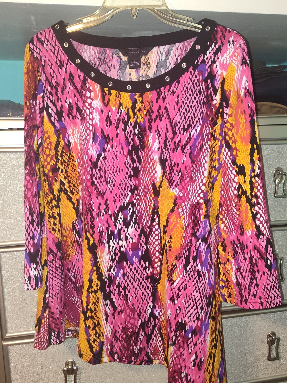 Investments Pink Snake-Print Long Sleeve Top with Grommet Neck